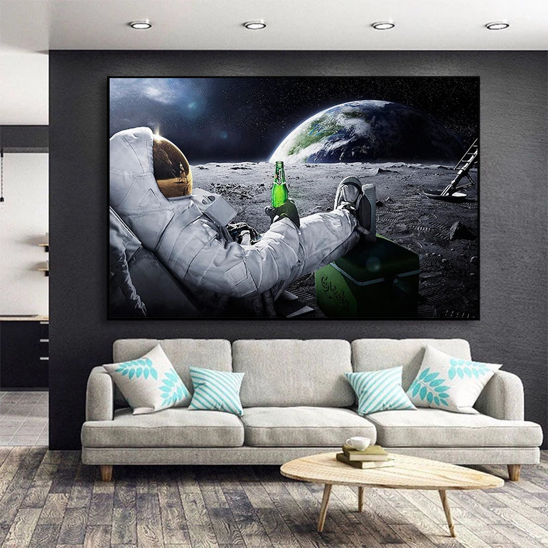 Beers Outer Space Canvas Paintings Earth Astronauts Relaxing on Moon Wall Art Poster Pictures for For Living Room Home Decor