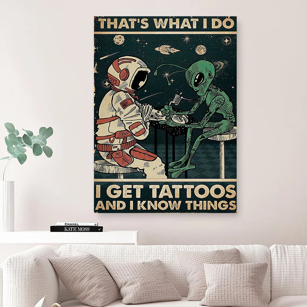 Tattoo Poster Aliens and Astronauts Outer Space Canvas Painting Retro Wall Art Picture Modern Bathroom Home Decor Frameless