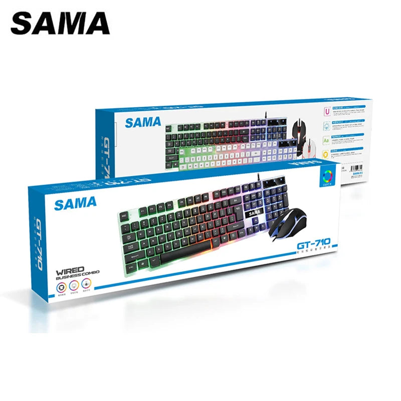 SAMA 104 Keycaps USB Wired Mouse and Keyboard Set / Floating Keycap USB Wired Standard Kit for PC Laptop Home Office GT710 LED