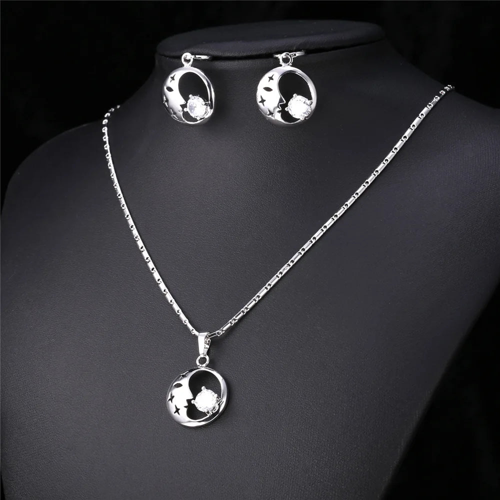 U7 Moon And Star Jewelry Sets For Women Gold/Silver Color AAA Zirconia Earrings And Necklace Set Wholesale S751