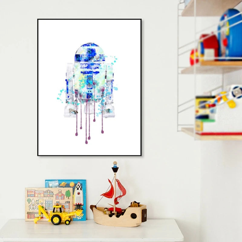 Watercolor Robot R2D2 Poster Wall Art Prints , Classic Scifi Movie Canvas Paintings Pictures Boys Room Wall Decor