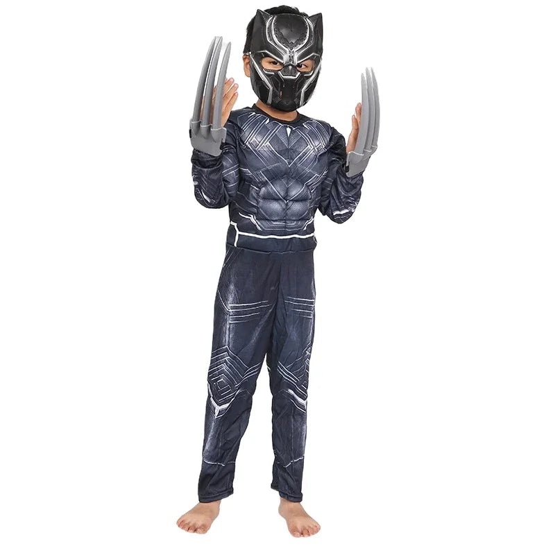 Black Panther Muscle Costume Marvel Superhero Black Panther T Challa Cosplay Costume Claws Cloak Halloween Costumes for Kids