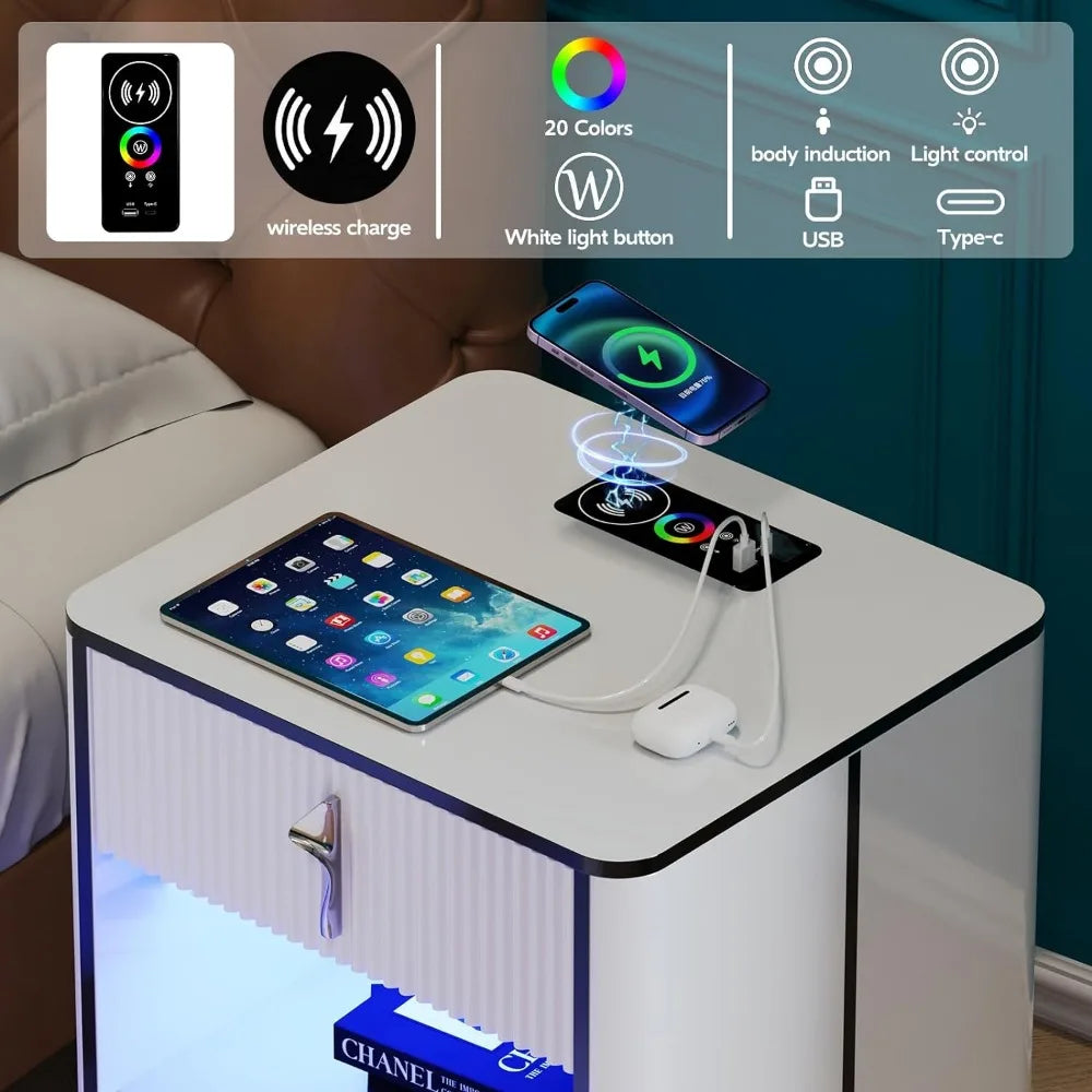 Bedside Table Bedside Table With Lights and Drawers Storage Locker LEDs With Charging Station Bedroom Furniture Drawer Home