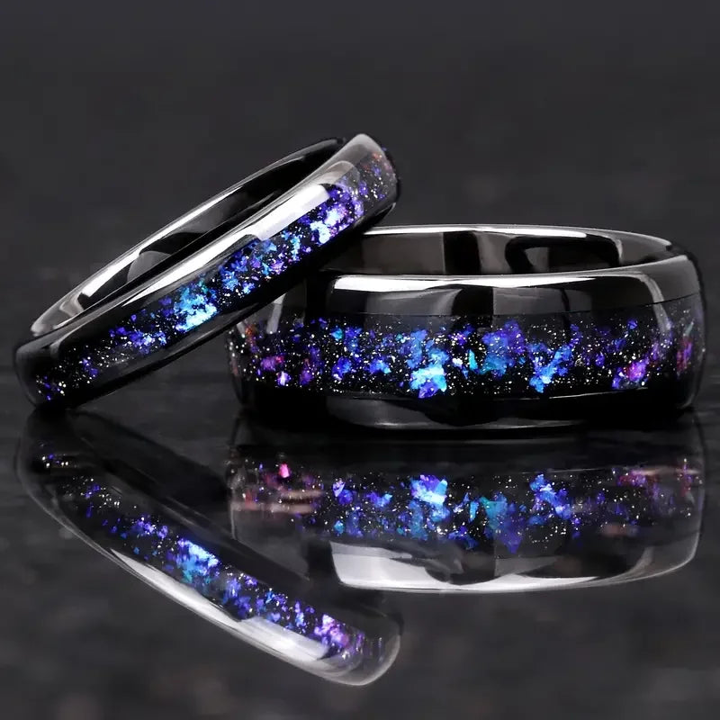 4/8mm Colorful Nebula Outer Space Black Tungsten Wedding Engagement Ring, Couple Set For Him And Her