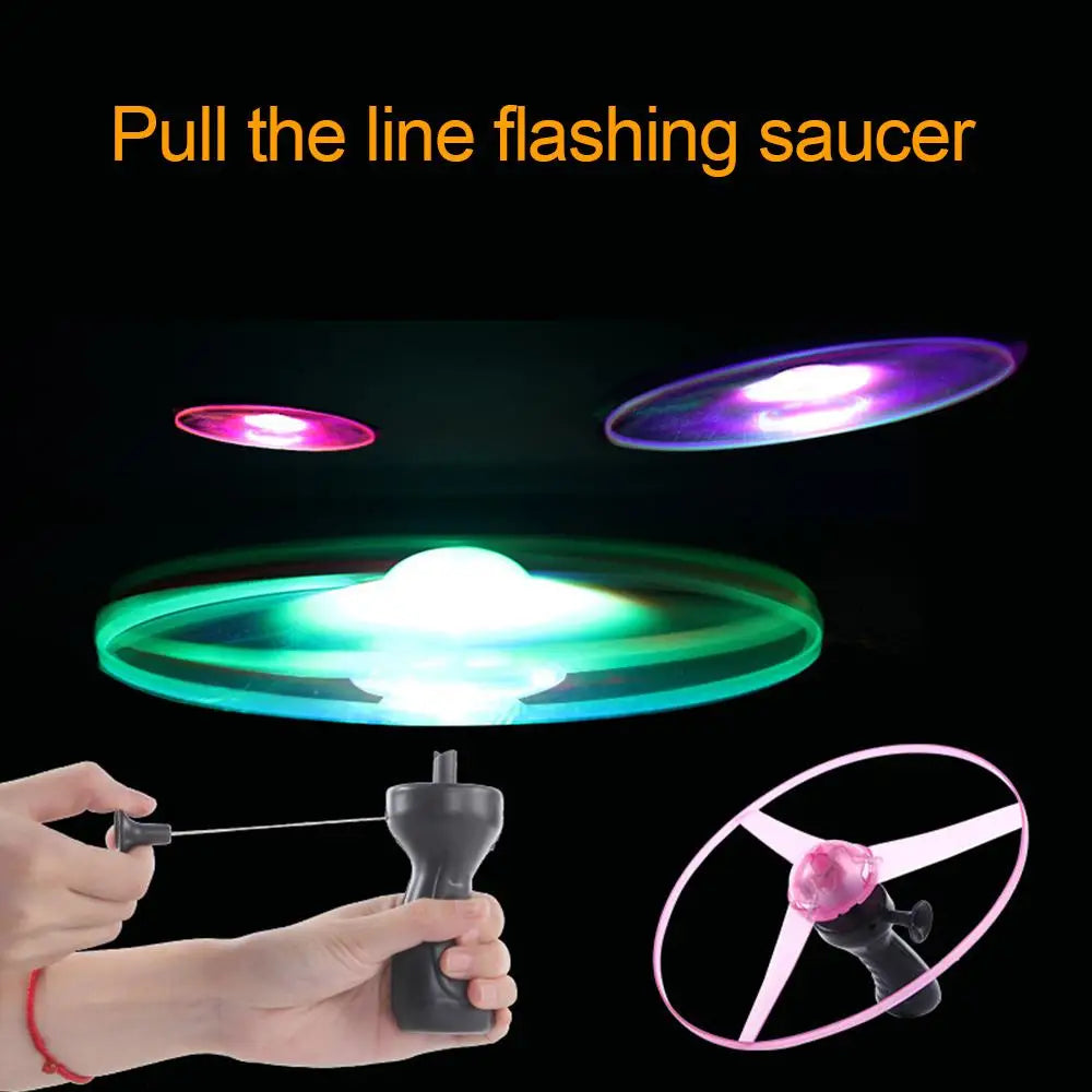 1~5PCS Luminous Pull Wire Flying Saucer Toys Children Outdoor Rotating Flying Toy LED Light Flash Flying UFO Kids Early Learning