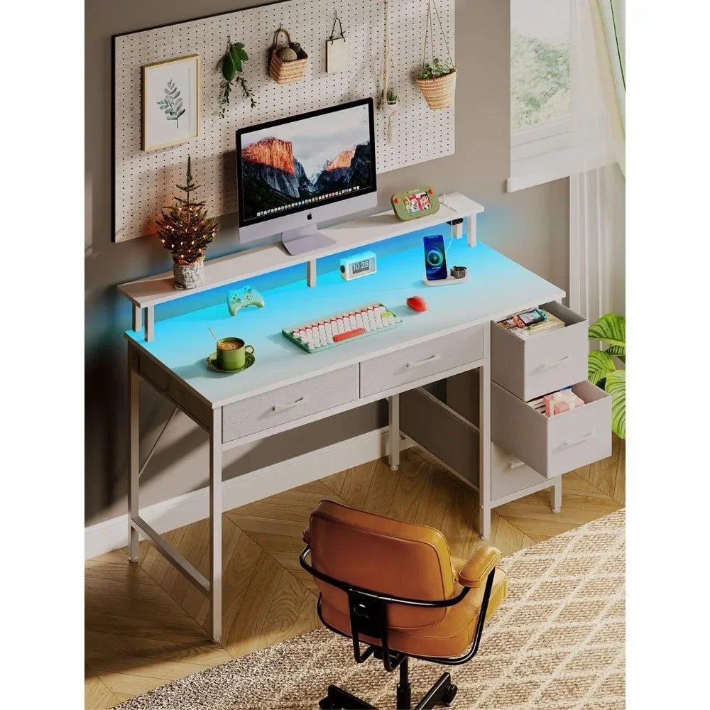 47 Inch Home Office Desk With 5 Drawers Room Desks Computer Desk With Power Outlets & LED Light Furniture White Table Pliante