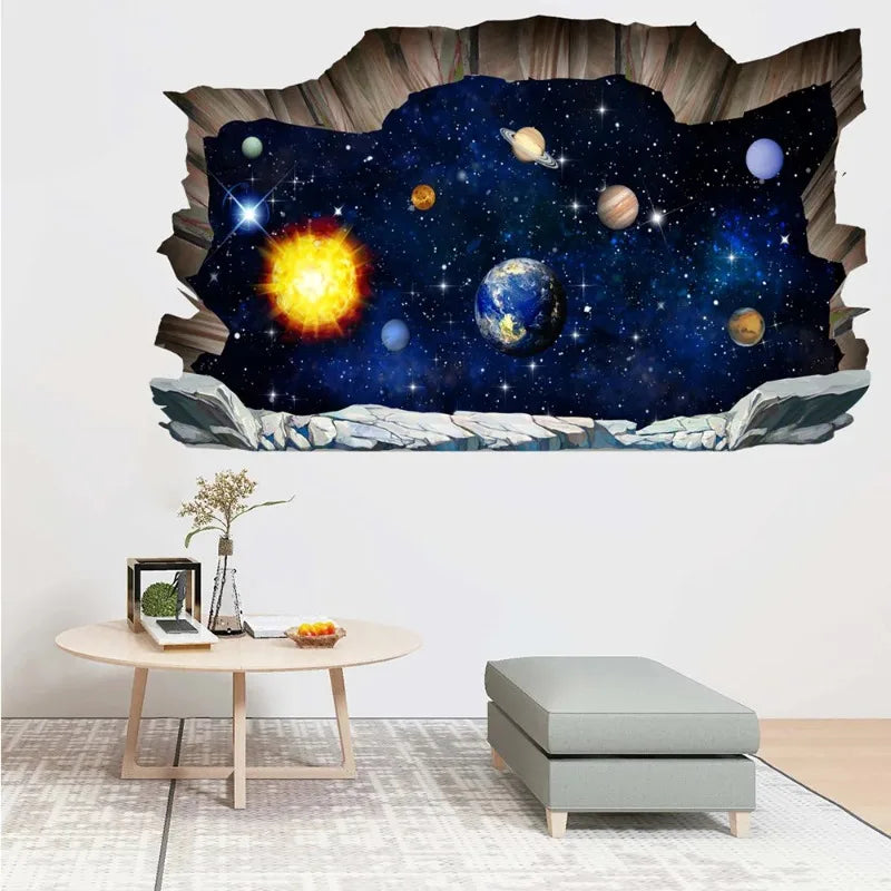 3D Outer Space Planets Wall Stickers Cosmic Wall Decals Kids Room Baby Bedroom Ceiling Floor Space Galaxy Planets Wall Sticker