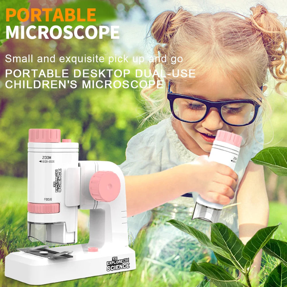 Kids Science Microscope Kit 60-200X Mini Pocket Handheld Microscope with LED Light for Scientific Experimental Equipment