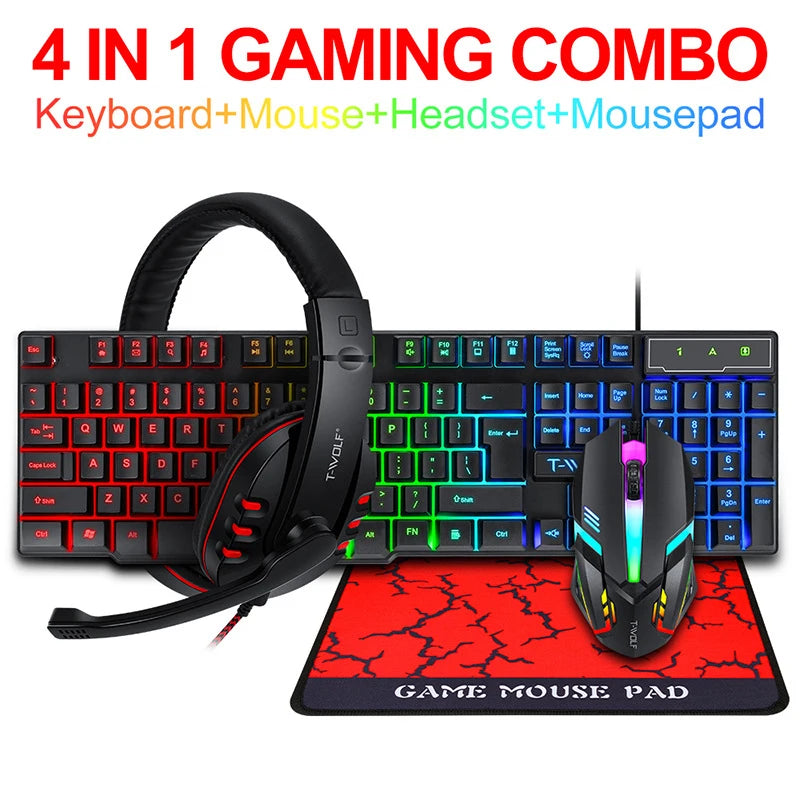 English 104 Keyboard Mouse Suit Kit 4 in 1 Game Wired RGB Backlight USB English Mechanical Feel Keyboard Combo for PC Laptop