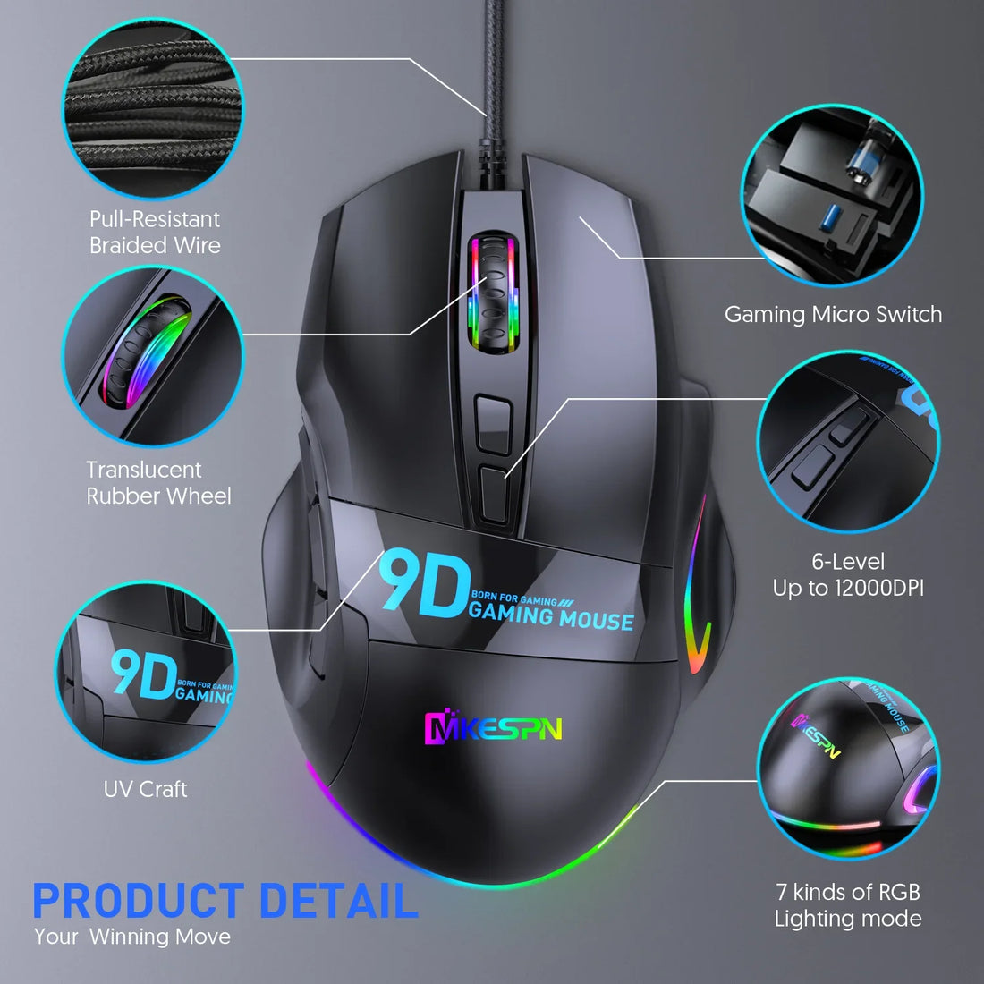 Professional 12000 DPI Gaming Mouse 9 Buttons LED Optical USB Wired Mice For Pro PC Gamer Computer Laptop Ergonomics Magic Mouse