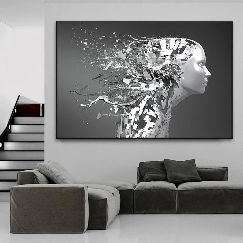 Abstract Woman Metal Sculpture Canvas Posters and Prints Modern Sci-Fi Style Wall Art Pictures for Living room Home Decoration