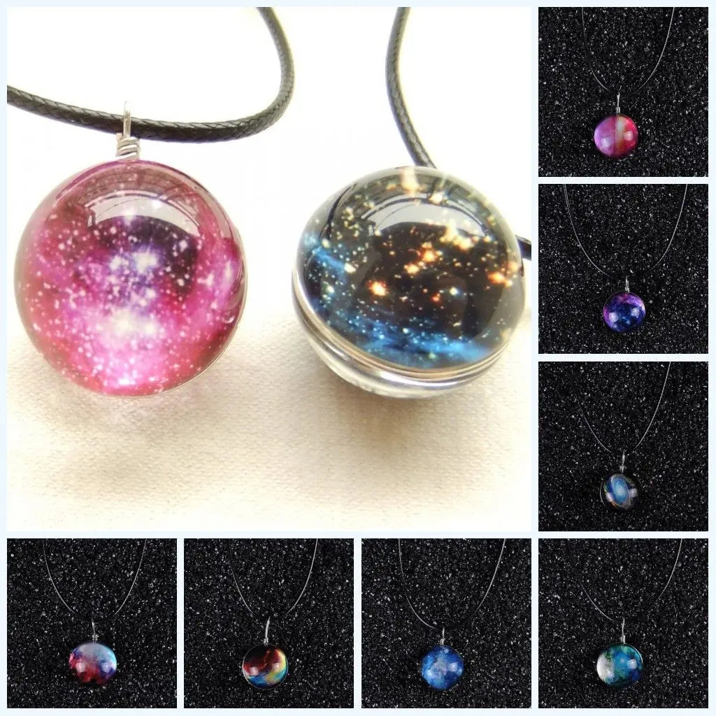New Space Universe Galaxy Necklace Stars Glass Ball Pendant Crystal Collars Planet Pattern Leather Chain Necklace For Unisex