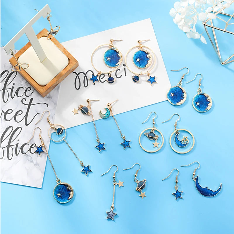 New Fashion Blue Space Universe Moon Star Earrings For Women Gold Color Universe Planet Circle Asymmetry Long Earrings