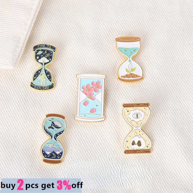 Custom Space Ocean Sea Skeleton Hourglass Brooches Badges Plant Grow Quicksand Enamel Pins Jewelry Gifts for Friends Wholesale