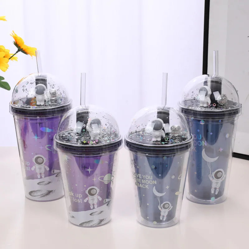 Star Trek Sippy Cup for Adults Double Material Plastic Cup with Cover Straw Children Water Trek Bottle Cute Astronaut Pattern