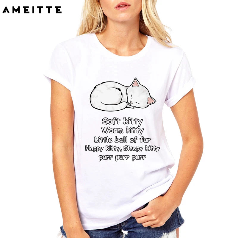 AMEITTE Summer Tops big bang theory design T Shirts Women Cute soft kitty Print Fashion All-match Female White Tee Shirt