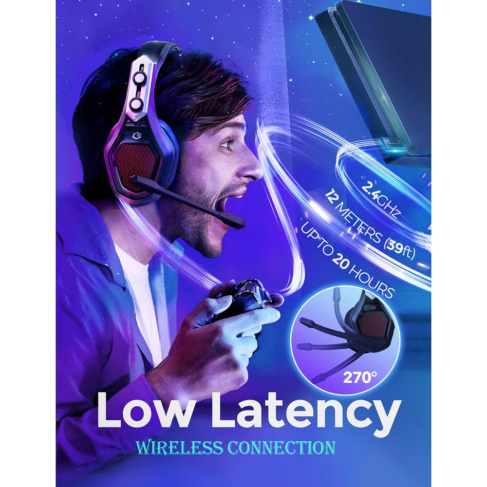 Mpow Iron Pro Wireless Gaming Headset USB/3.5mm Headphone with Noise Canceling Mic 3D Surround 20h Playback for PS5 PS4 PC Gamer