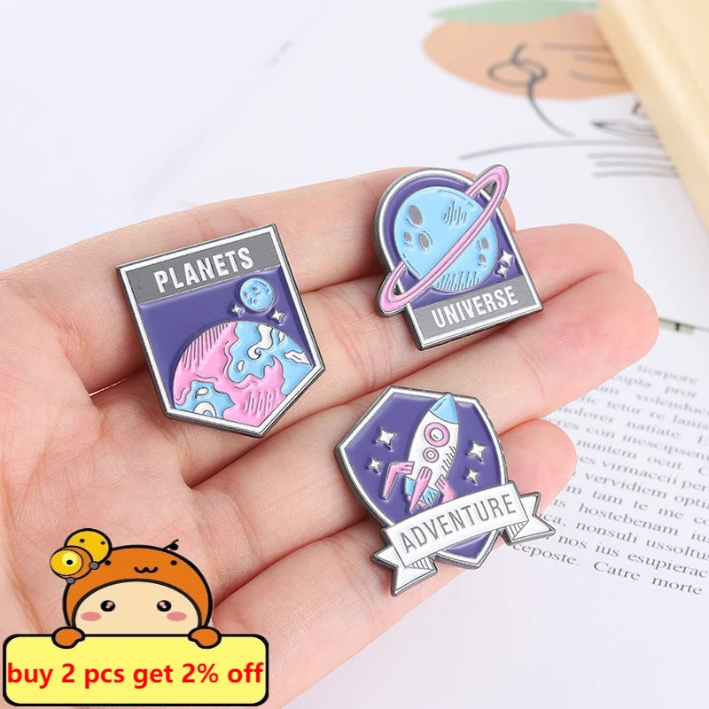 Astronaut Universe Planets Space Rocket Enamel Pins Adventure Brooches for Friends Lapel Pin Cartoon Badge Jewelry Gifts Custom