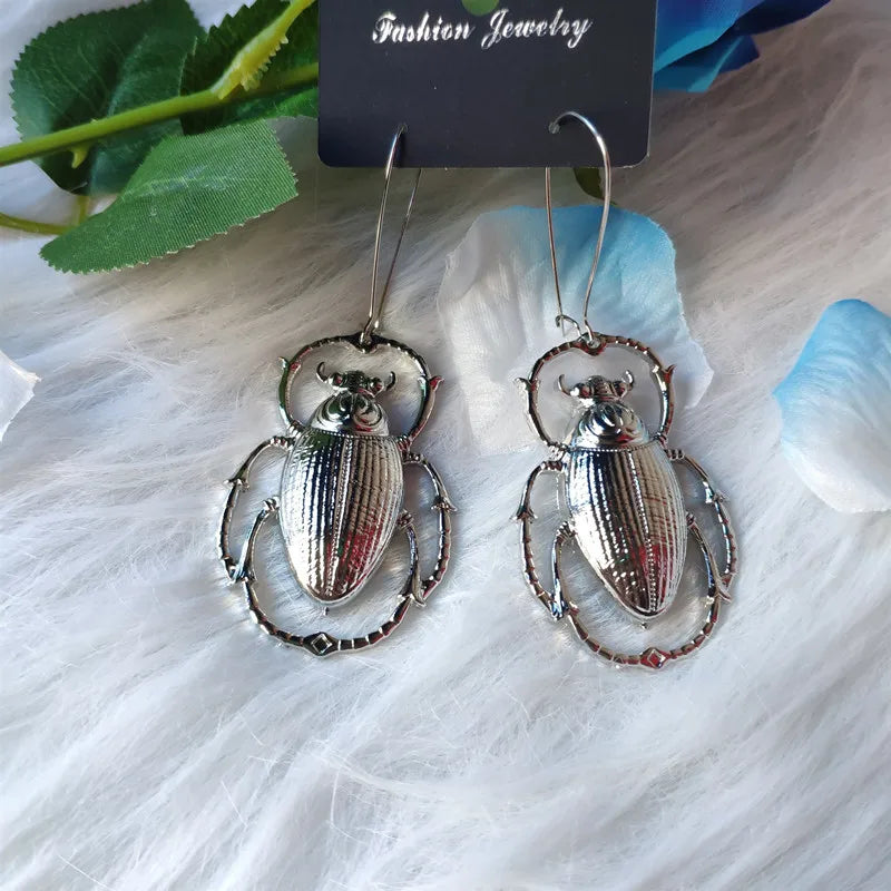 Giant Silver Colour Scarab Beetle Hoops Earrings Insect Jewelry Fashion Long Pendant Novelty Big Dangle Drop Women Gift Fashion