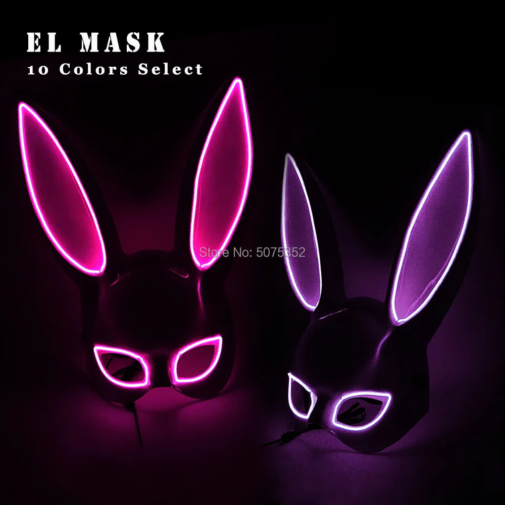 Cute Long Ears Bunny Mask Halloween Christmas Rabbit Mask Women Cosplay Mask LED Flashing Luminous Masks Valentine Day Gift