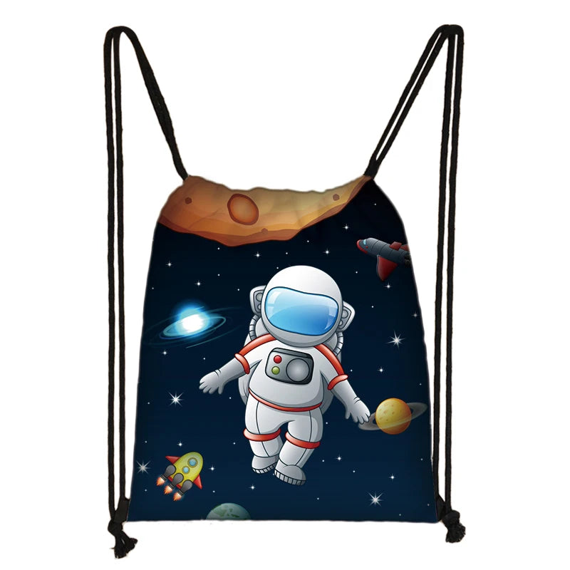 Space Astronaut Print Drawstring Bag Rocket Galaxy Children's School Backpack Youth Storage Bag Gift