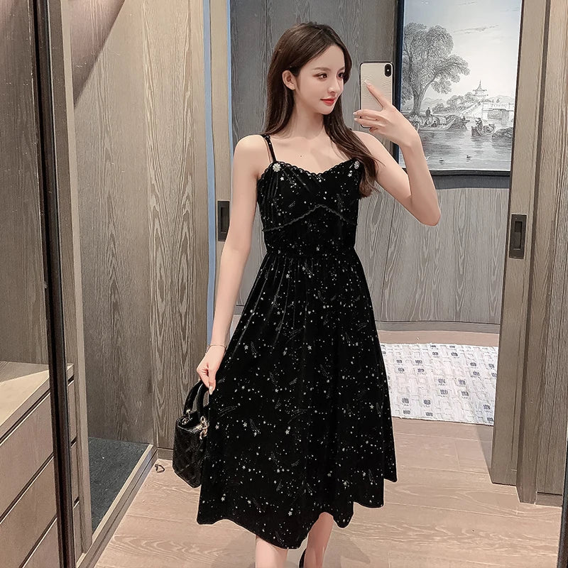 Summer Women dress Korean style Silk Velvet Off shoulder A-line star Black Party Dress Elegant Female Spaghetti Strap Dresses