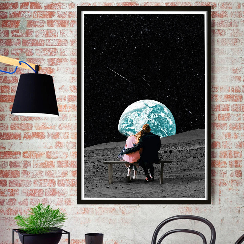 People in love Earth Canvas Art Print and Poster Surrealism Galaxy Space Honeymoon Canvas Painting Wall Picture Sci-Fi Art Decor
