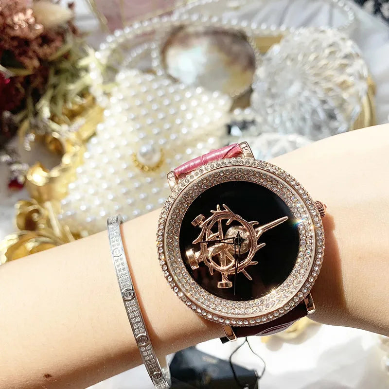 Europe Popular Big Size Women Diamond Watches Luxury Full Crystals Dress Wrist watch Spinning Sword Watch Rotating Quartz Reloj