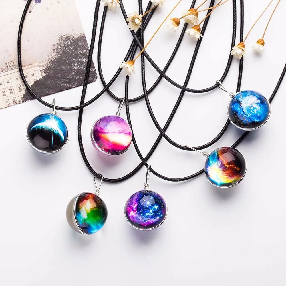 Nebula Space Universe Galaxy Necklace Stars Glass Ball Pendant Crystal Collares Planet Pattern Leather Chain Necklace For unisex