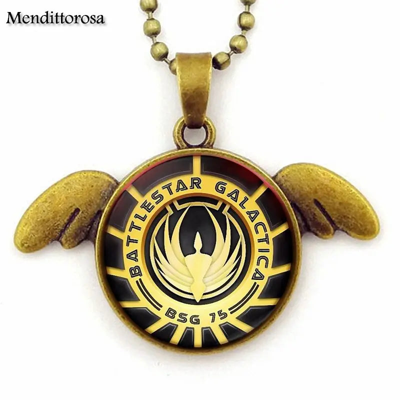 For Kids Beads Chain Necklace Battlestar Galactica Brand Glass Cabochon Bronze Angel Wings Necklace Jewelry Gift