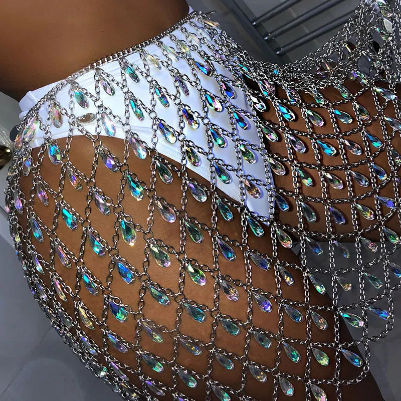 GACVGA Metal Glitter Crystal Diamonds Skirt Women High Waist Hollow Out Sequin Bodycon Mini Skirt Nightclub Party Skirt Outfits