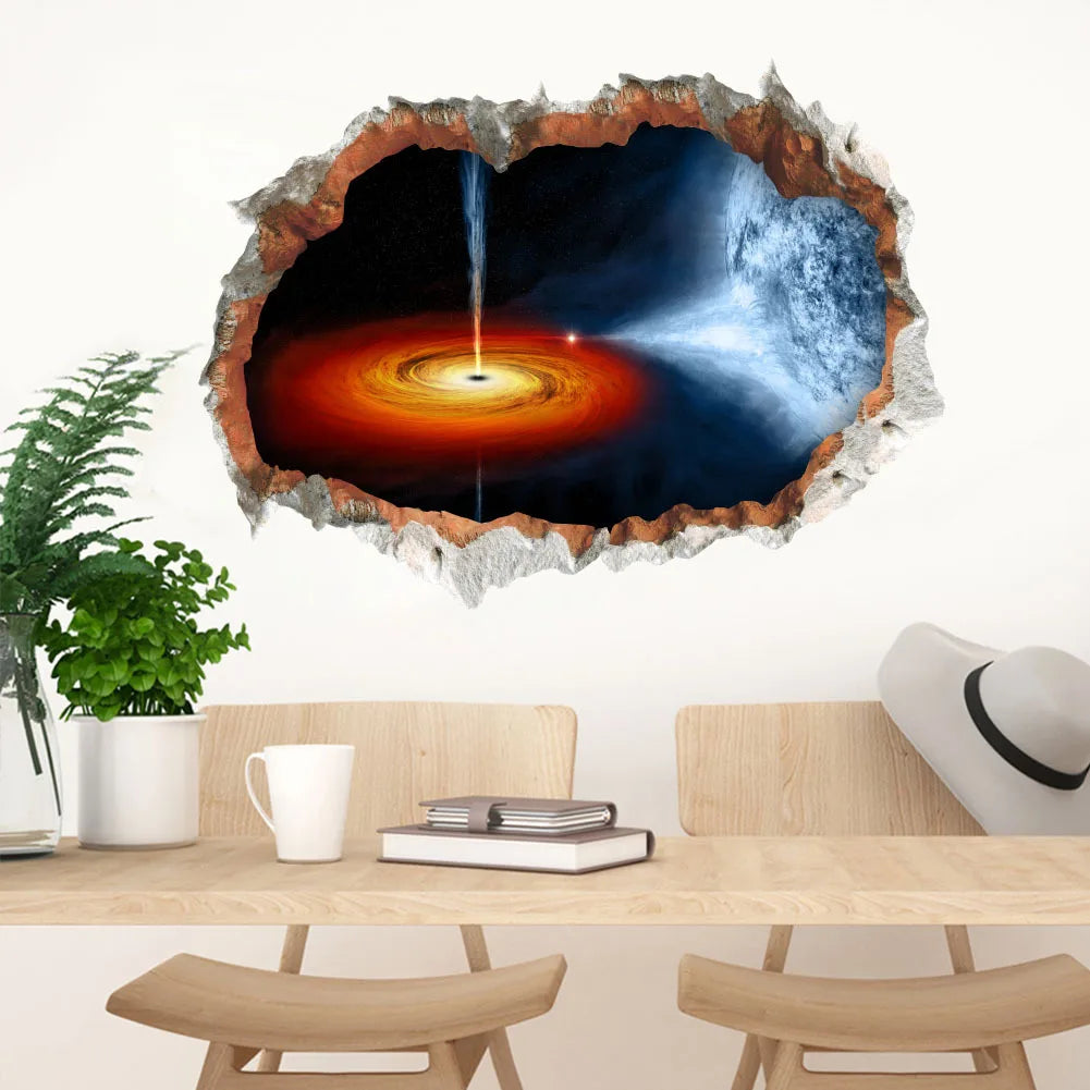 3D Broken Wall Sticker Black Hole Space Universe Planet For Boy Room Science Fiction Ornament Spiral Interstellar Star Stickers