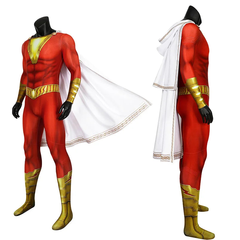 Adult Superhero Billy Batson Jumpsuit Cosplay Costume Halloween Masquerade Party Bodysuit With Cloak