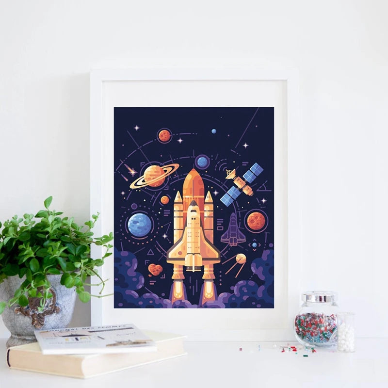 Space Theme Rocket Canvas Painting Kids Boys Room Decor , Galaxy Space Planet Stars Wall Art Print Nordic Poster Boys Gift