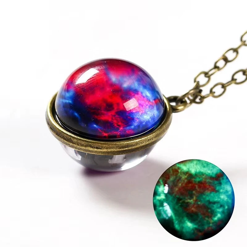 Earth Moon Planet Glass Ball Noctilucent Pendant Necklace Double-sided Luminescent Galaxy Nebula Cosmic Choker Jewelry for Women