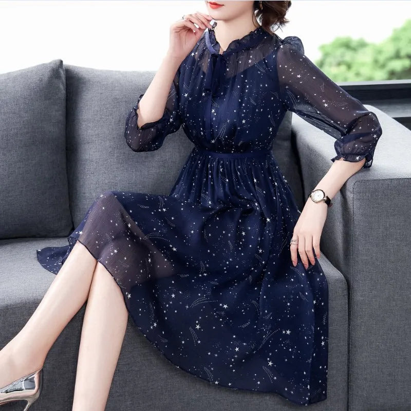 LUKAXSIKAX 2023 New Spring Summer Women Elegant Slim Dress Korean Fashion Starry Sky Floral Navy Blue Chiffon Dress