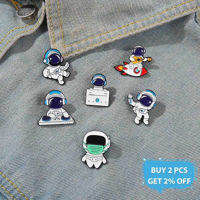 Cute Astronaut Rocket Enamel Pins Listening Music DJ Guitar Brooch Accessories Backpack Pin Badge Jewelry Gift for Women Men