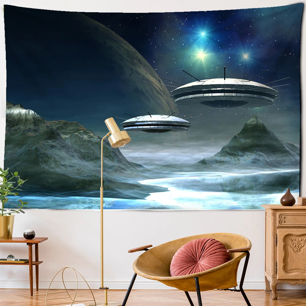 Spaceship Tapestry Wall Hanging Interstellar Sci-fi Printing Bohemian Hippie Dormitory Study Background Decor