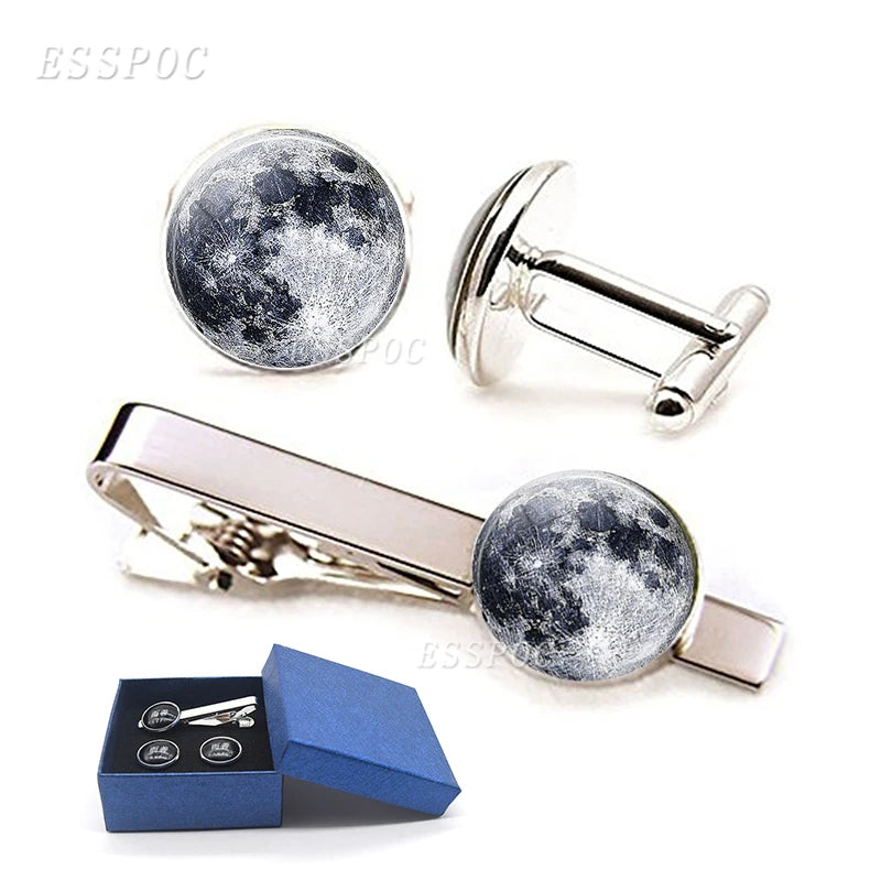 Full Moon Galaxy Nebula Glass Cabochon Cufflinks Tie Clip Handmade Silver Plated Wedding Jewelry Pendant