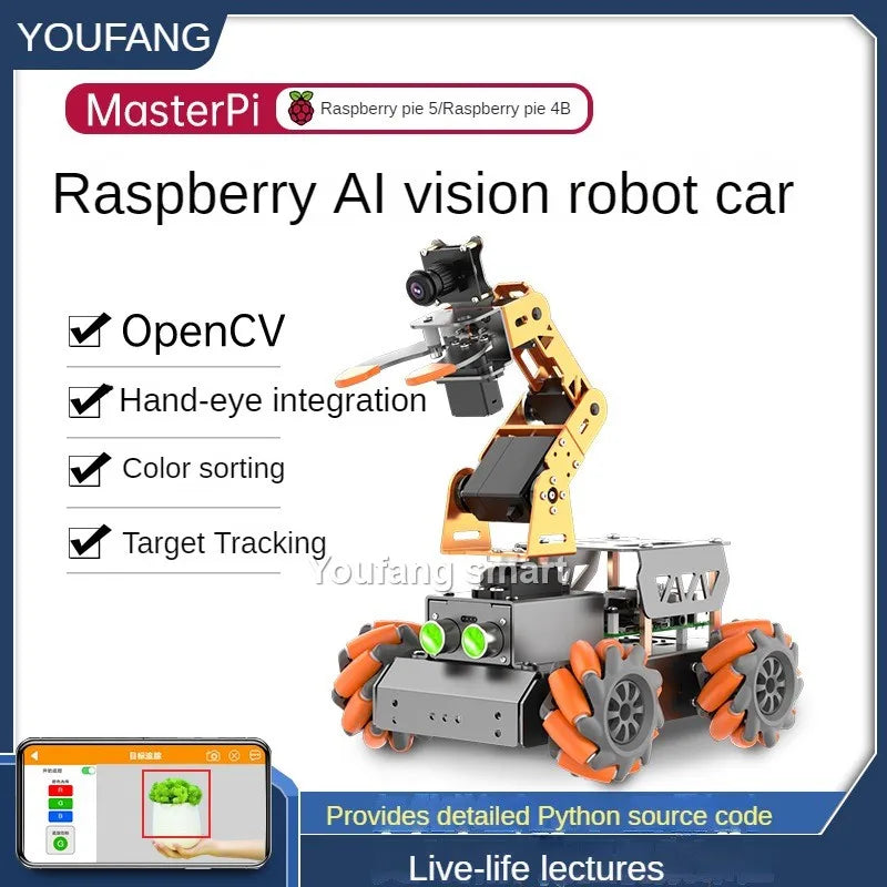 MasterPi 4WD Mecanum Robot Car with Camera 4 Dof Robot Arm for Raspberry Pi 4B/5 Robot DIY Kit Open Source AI Python Starter Kit
