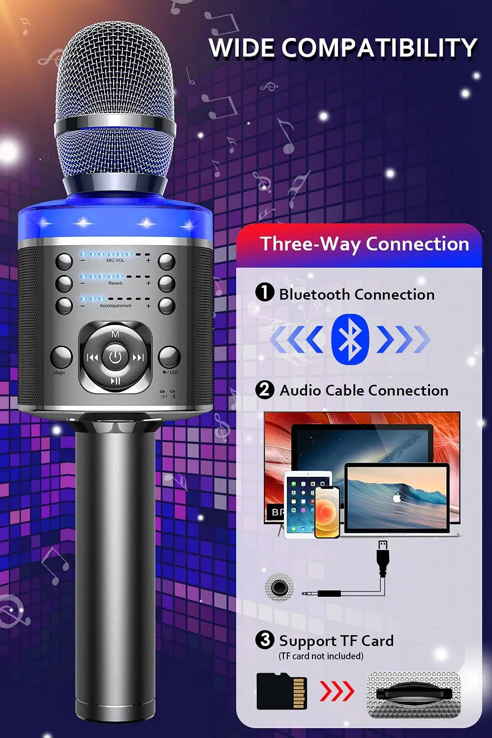 Karaoke Microphone Bluetooth Wireless Mic with Magic Sound LED Light Portable Singing Machine for Home KTV Party Adult/Kid Gift