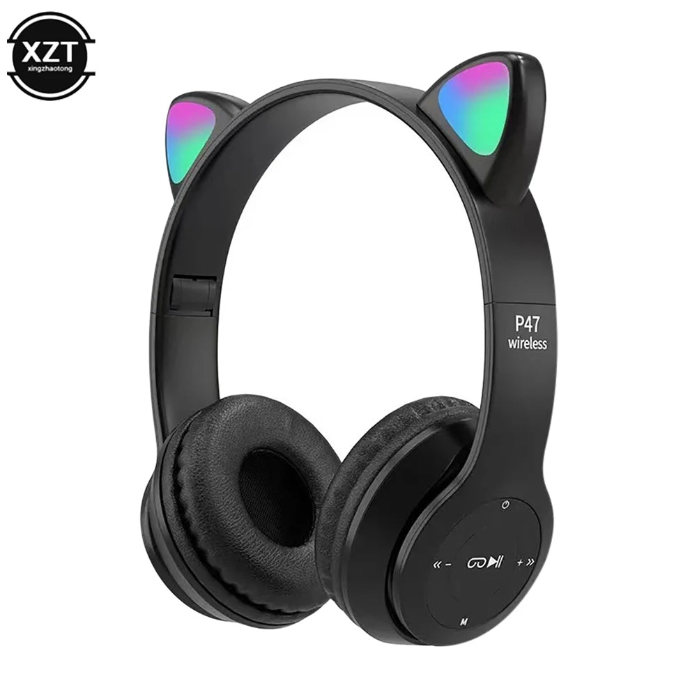 Headphone Cute Cat Ears Wireless Bluetooth-compatible Headset LED Stereo Foldable Sport Earphone with Mic Music Kid Girl Gift