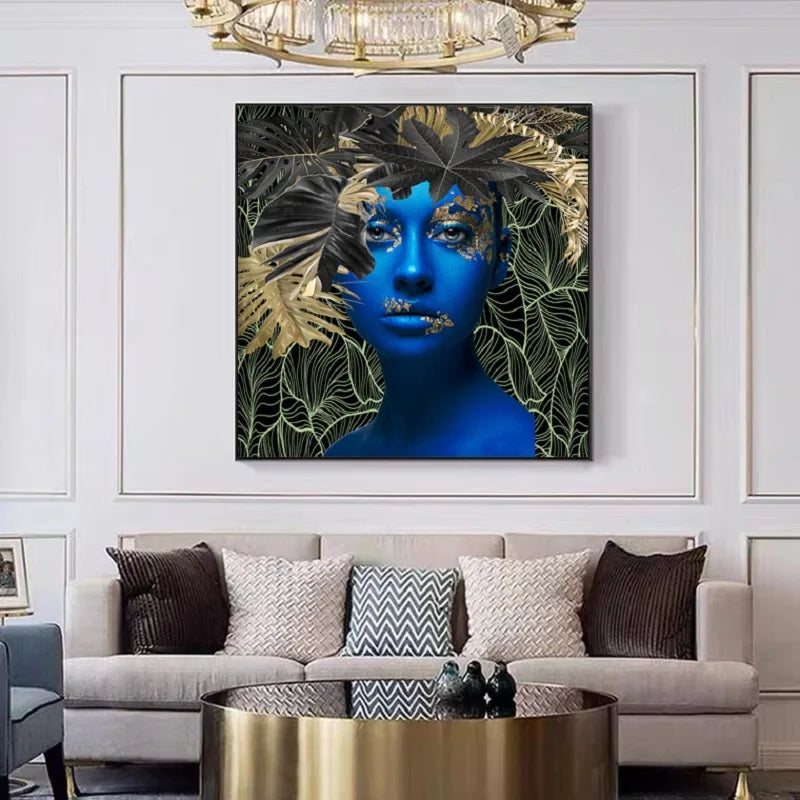 Sci-Fi Blue Woman Leaves Art Deco Painting Posters and Prints Nordic Print Canvas Living Room Home Wall Decor
