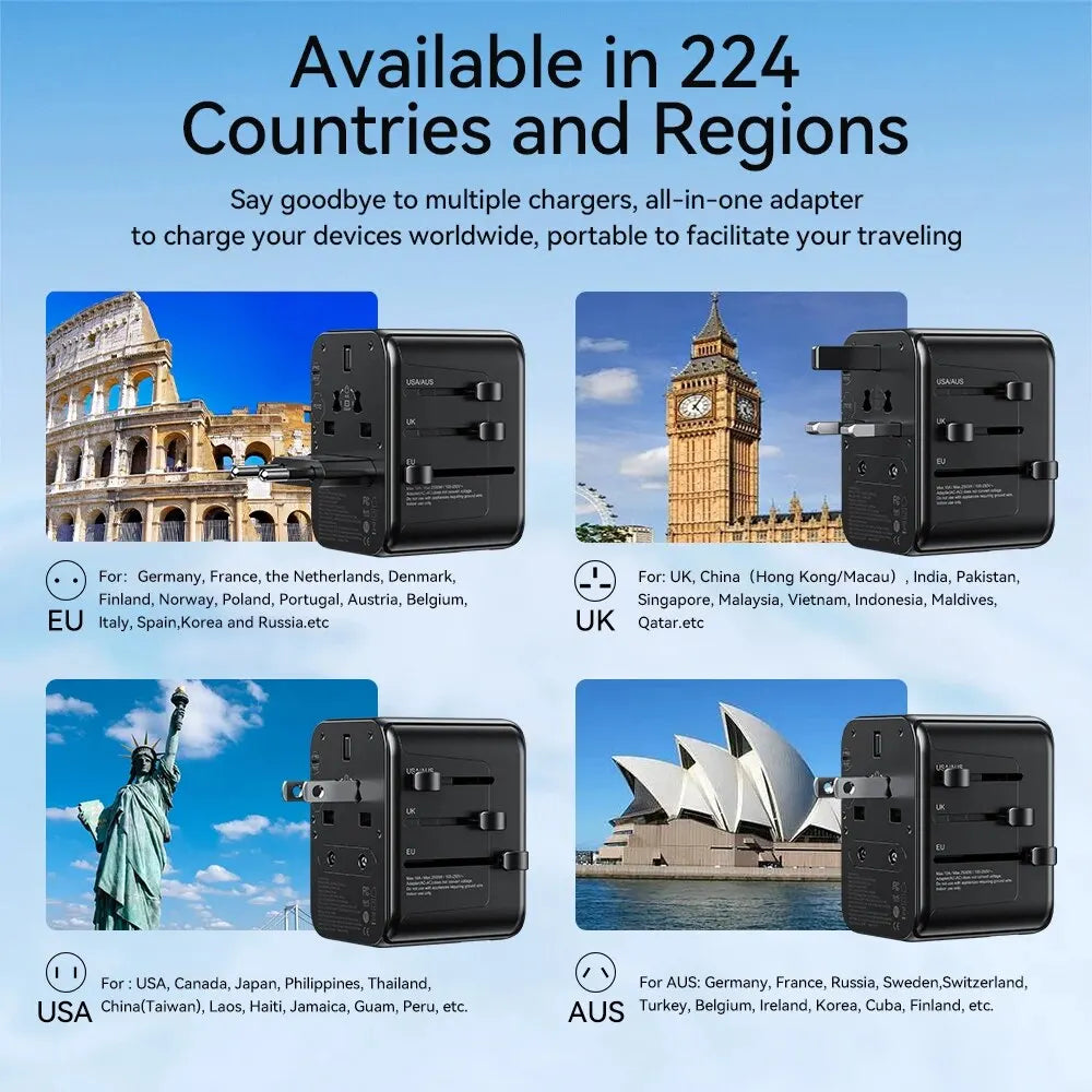 WEKOME Universal Travel Adapter with 2 USB and 3 Type-C Ports Travel Converter Adapter Combo for 224 Countries UK US EU Plug