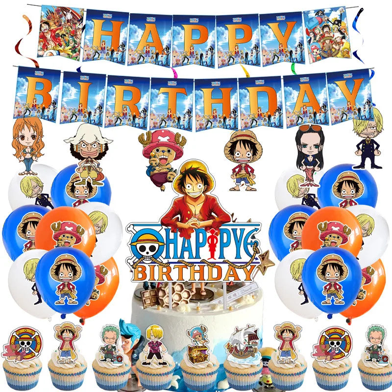 Anime ONE PIECE Party Tableware ONE PIECE Luffy Plate Cup Balloon Banner Cake Flag Kid Birthday Party Decorations Supplies