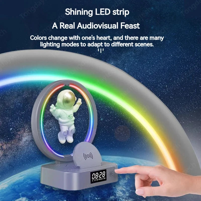 4 In 1 Wireless Charger With Bluetooth Speaker Clock Magnetic Levitation Astronaut Lamp RGB Night Light Wireless Charger Holder