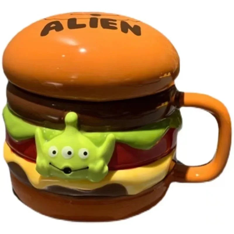 Creative Hamburger Three-Eyed Alien Ceramic Mug Couple Breakfast Cup Coffee Cup Stereo Japanese Cartoon with Cover Water Cup