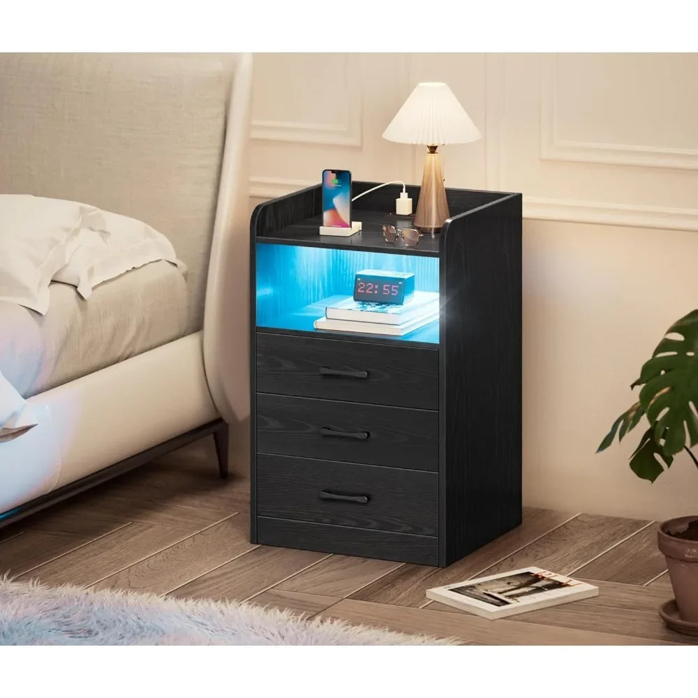 Nightstand with Charging Station and LED Light Strips, Night Stand with Drawers, Bedside Table, Bedroom Furniture Nightstand