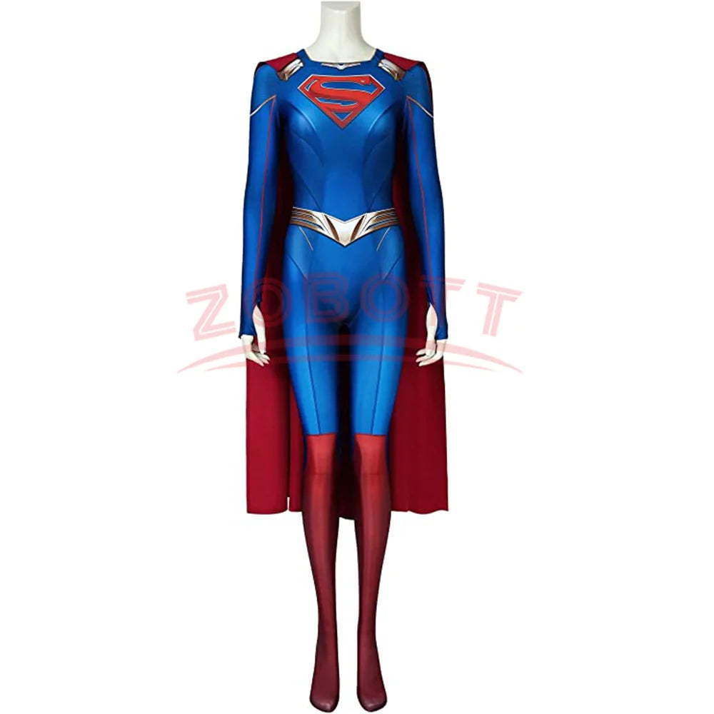 Superhero Cosplay Blue Bodysuit SuperWomen Zentai Costumes Womloak SuperGirl Cos Jumpsuit Rompers Aldult Outfits Role Play