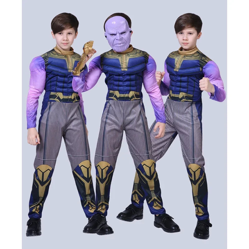 Thanos Cosplay Costume Superhero Supervillain Thanos Muscle Costume Bodysuit Jumpsuit Halloween Birthday Clothes for Kids Gifts